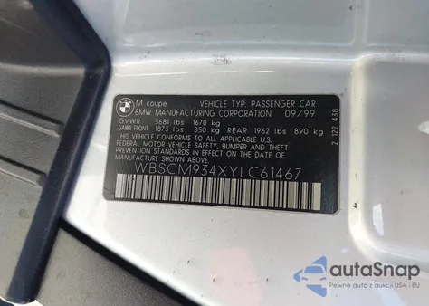 2000 BMW M z USA, uszkodzony, nr VIN WBSCM934XYLC61467